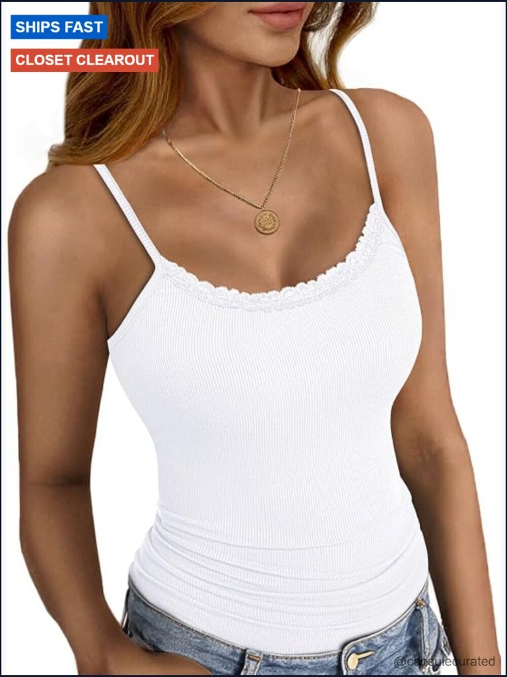 Women's Lace Trim Camisole Adjustable Strap Ribbed Tank Top